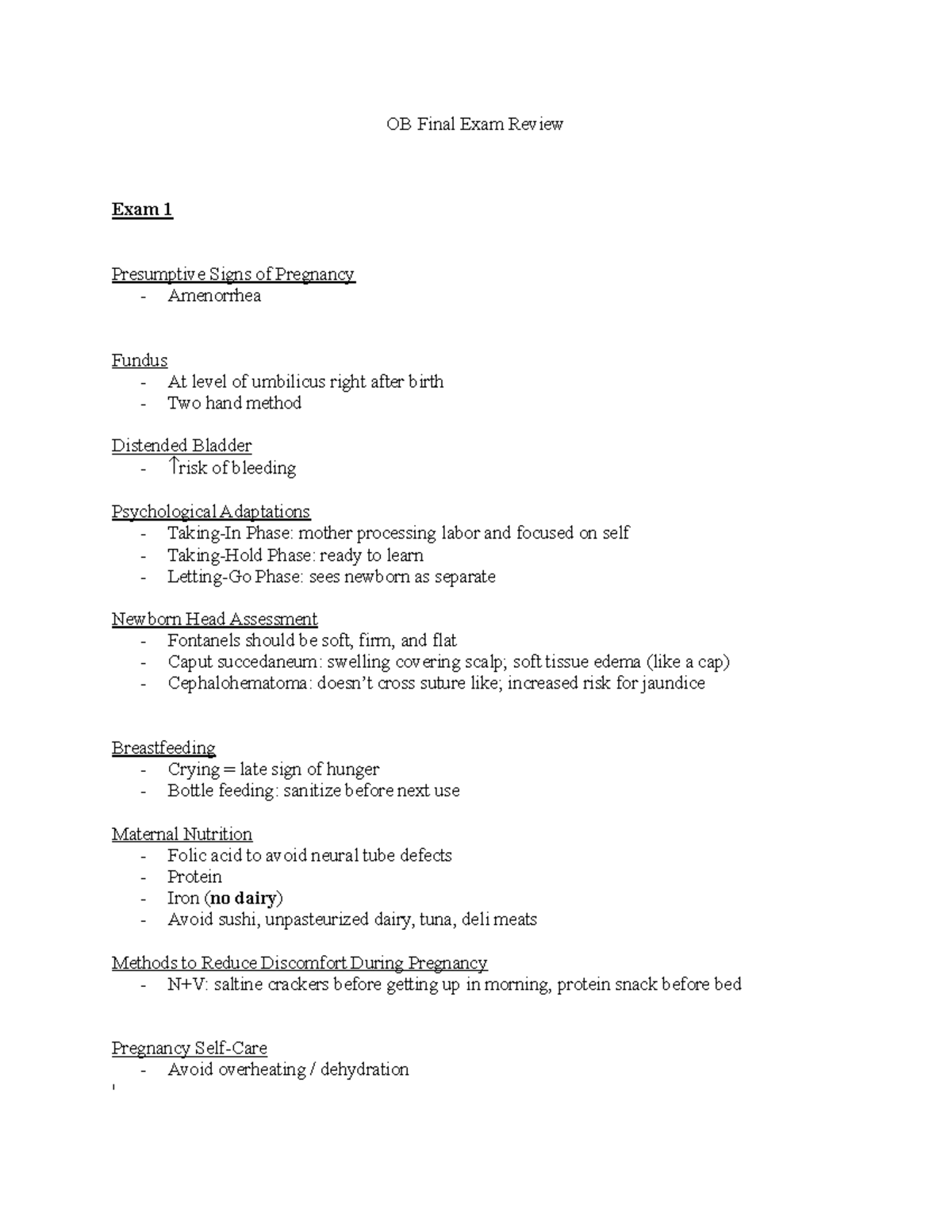 OB Final Exam Review Notes - Key Concepts & Signs of Pregnancy - Studocu