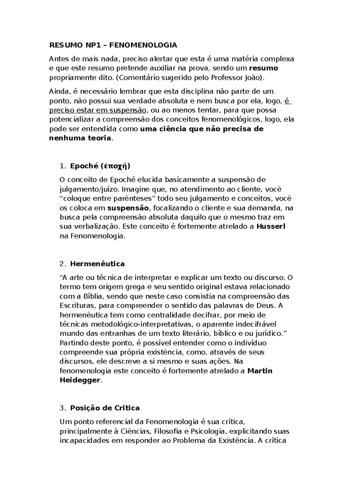 Hermenêutica Fenomenológica da Experiência de Si e Psicoterapia I - Studocu