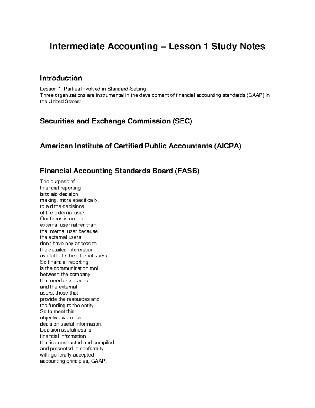 Intermediate Accounting (ACCT 301) Lesson 1 Study Notes: Financial ...