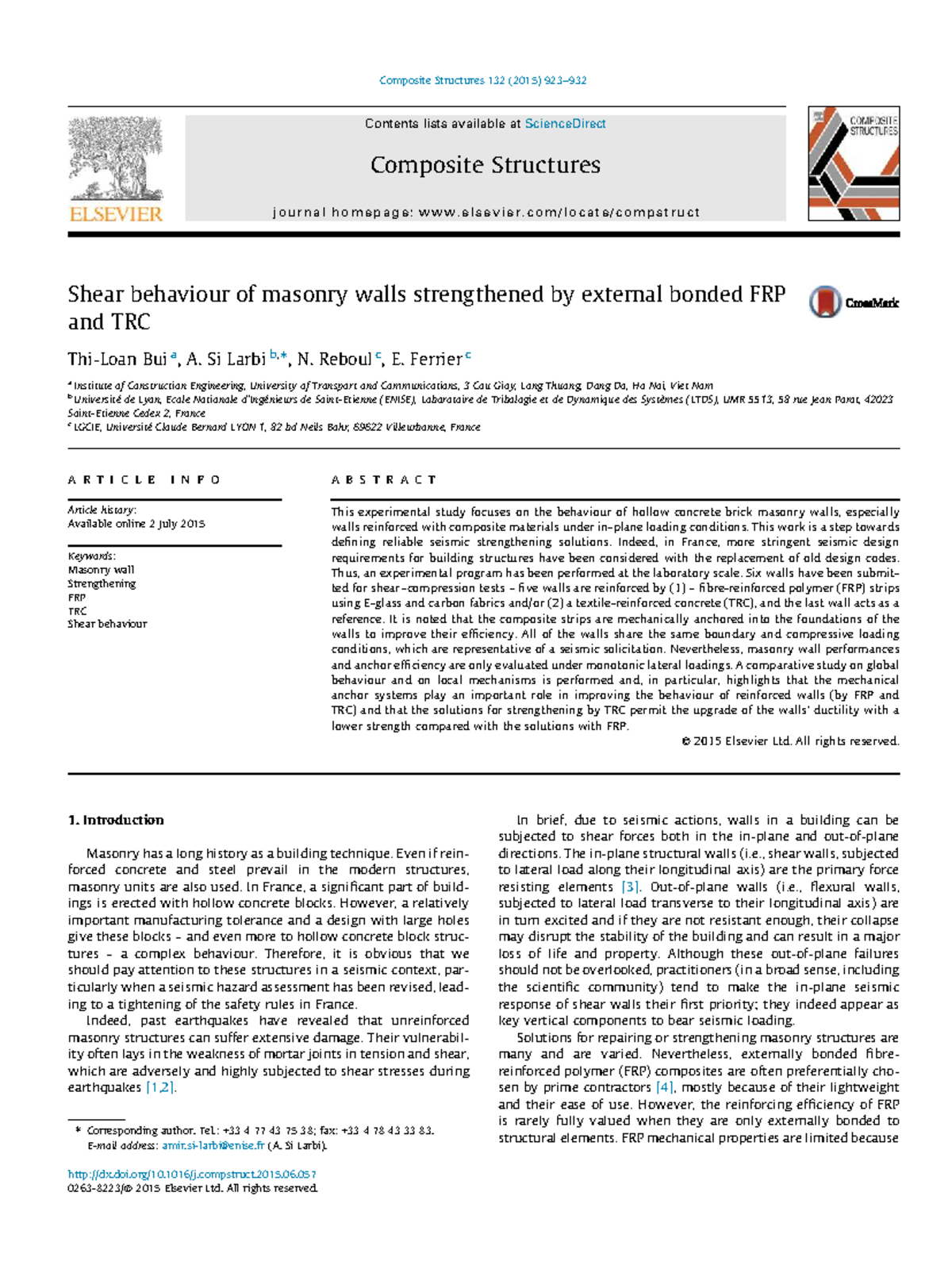 Shear Behaviour of Masonry Walls Strengthened by FRP and TRC (132 ...