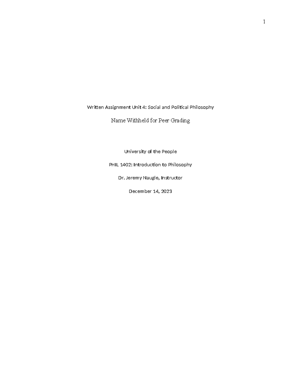 PHIL 1402 Written Assignment: Social and Political Philosophy Insights ...