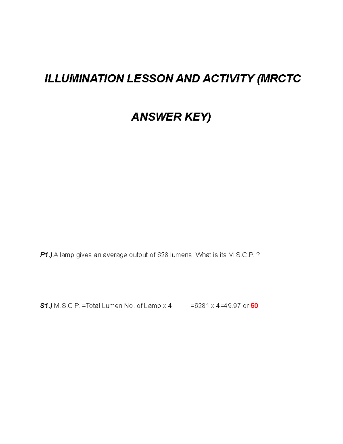 Illumination Lesson &amp; Activity (MRCTC) - Answer Key and Solutions - Studocu