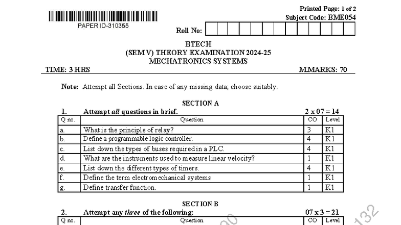 Mechatronics Systems Theory Exam - BME054 (BTech Sem V) - Studocu