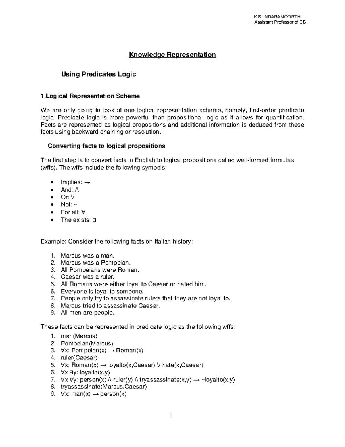 CS Knowledge Representation: Predicate Logic & Resolution Techniques ...