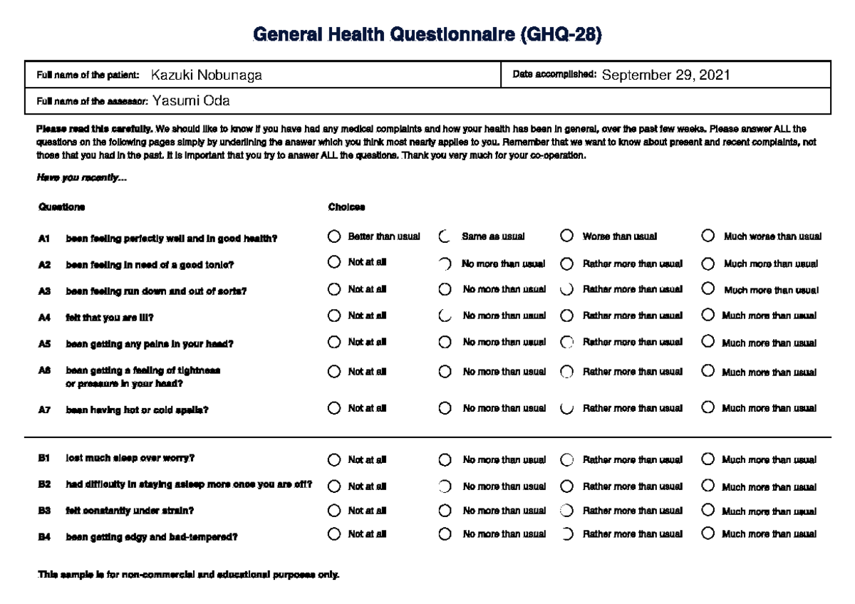 GHQ-28 General Health Questionnaire Sample for Assessment - Studocu
