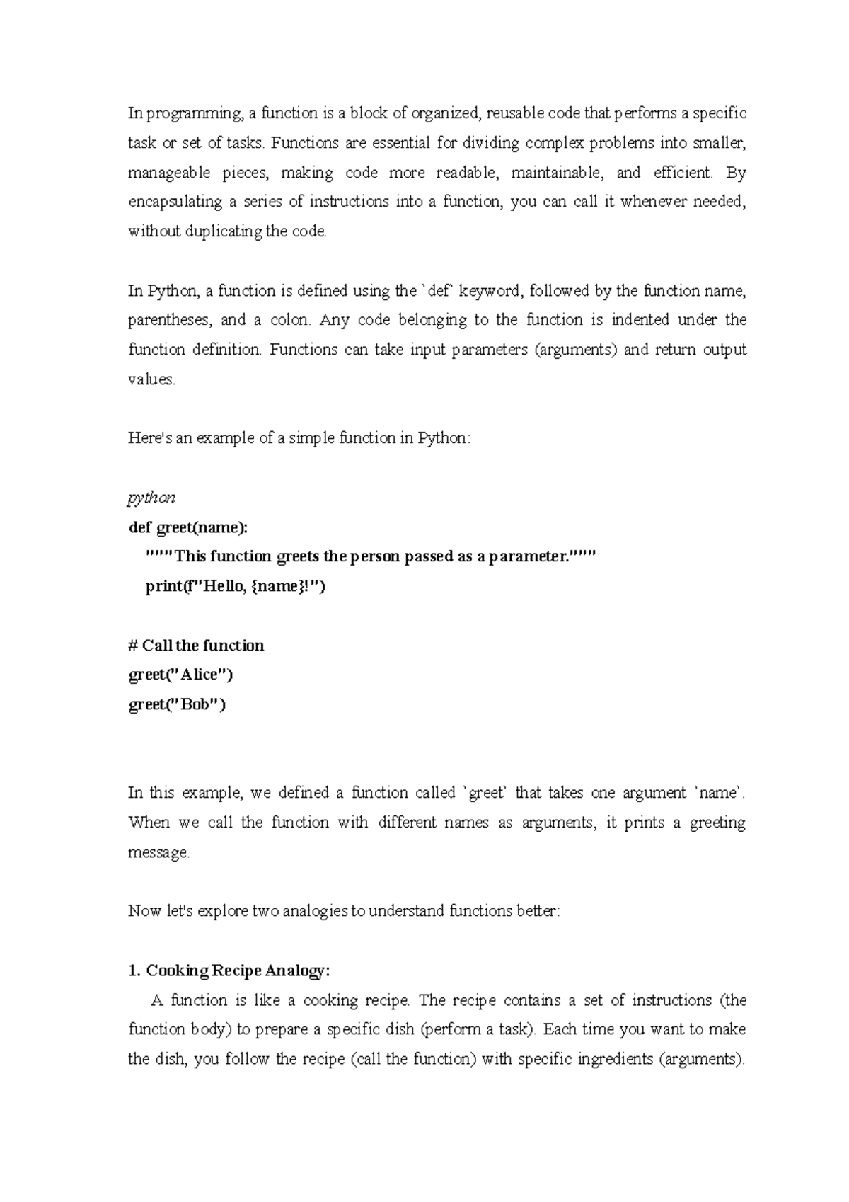 Basic Definition of Functions in Programming: Python Examples - Studocu