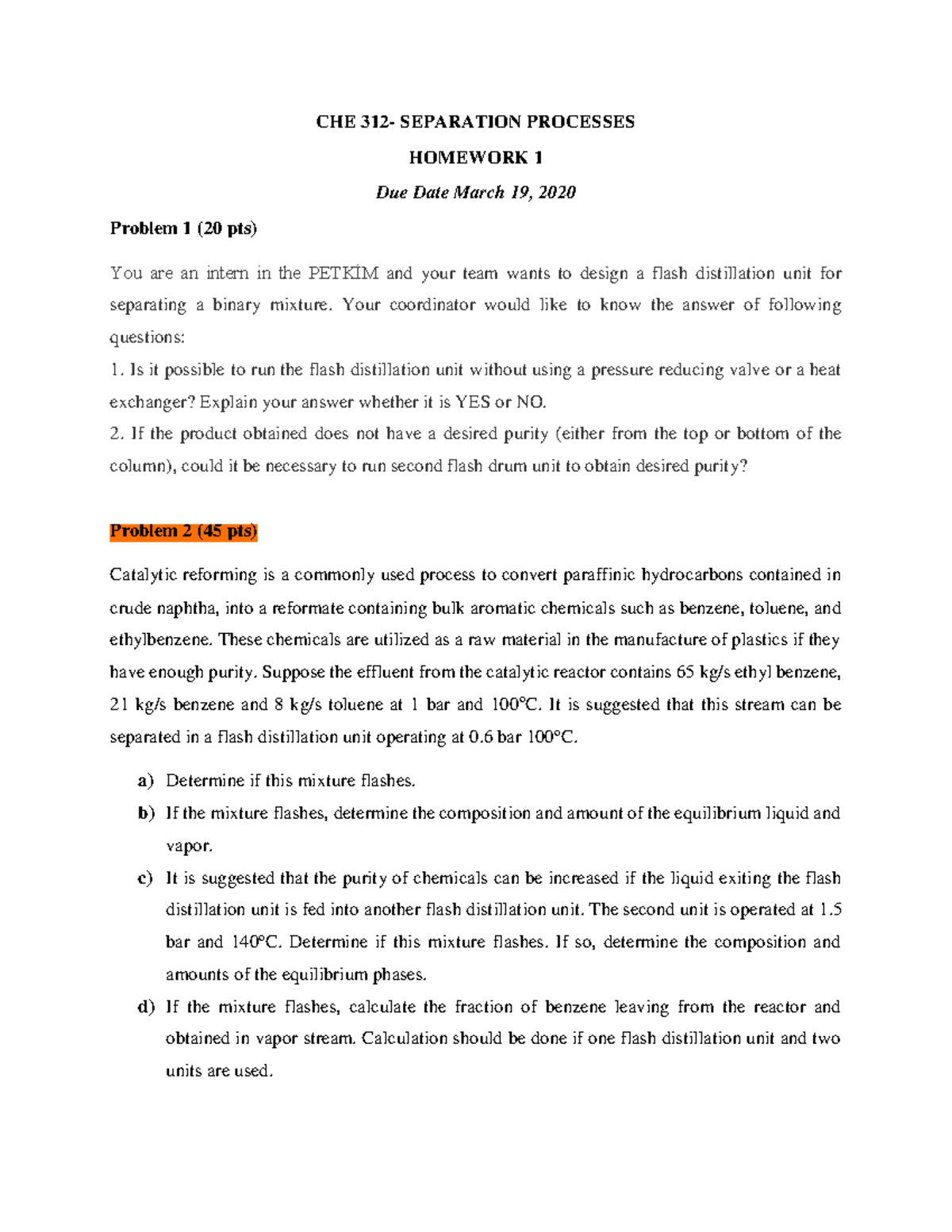 CHE 312 - Spring 2020 Homework 1: Separation Processes Solutions - Studocu