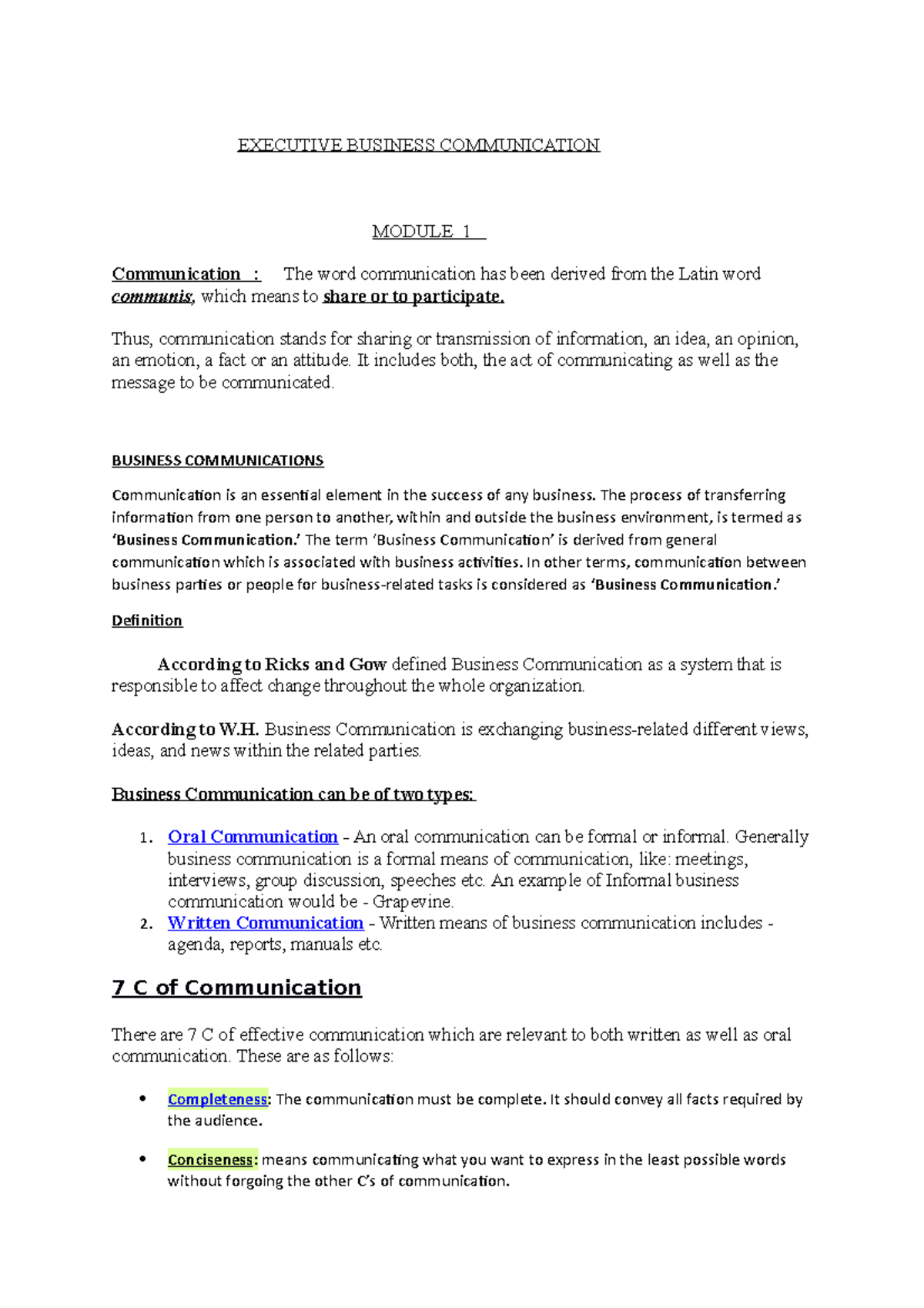 EBC 1: Module 1 - Essential Notes for Business Communication Exams ...