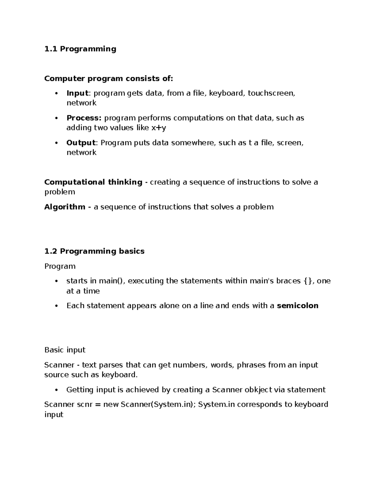Doc - Lecture notes for chapter 1 - 1 Programming Computer program ...