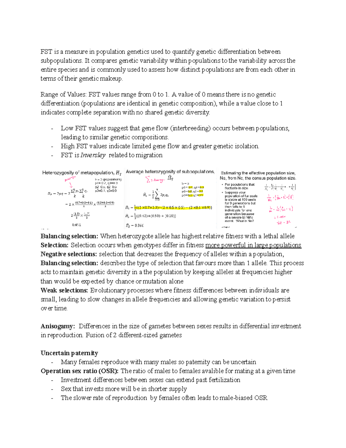 Evolution Midterm 2 Notes: FST, Selection, and Speciation Mechanisms ...