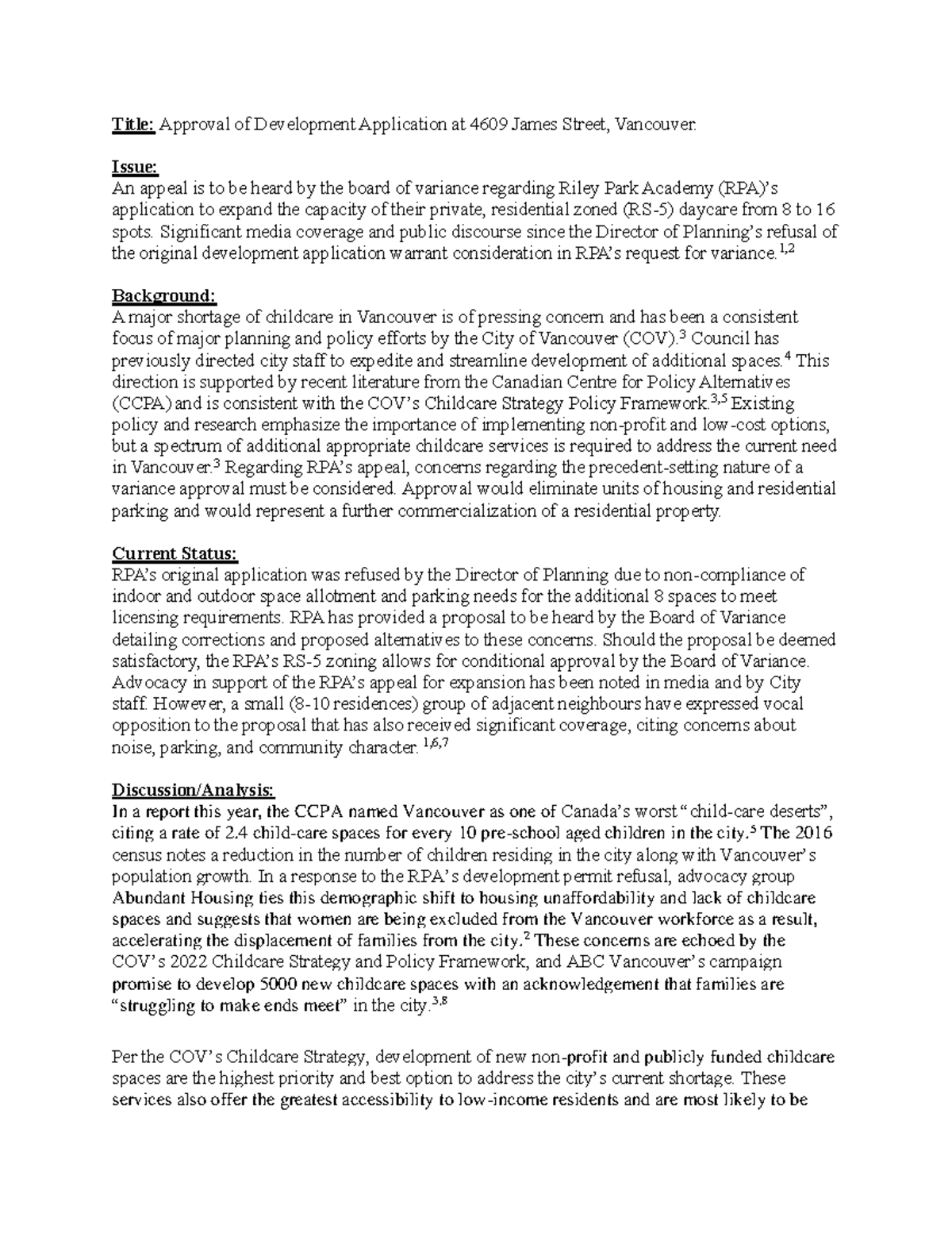 1100 Approval of Development Application for RPA Childcare Expansion ...