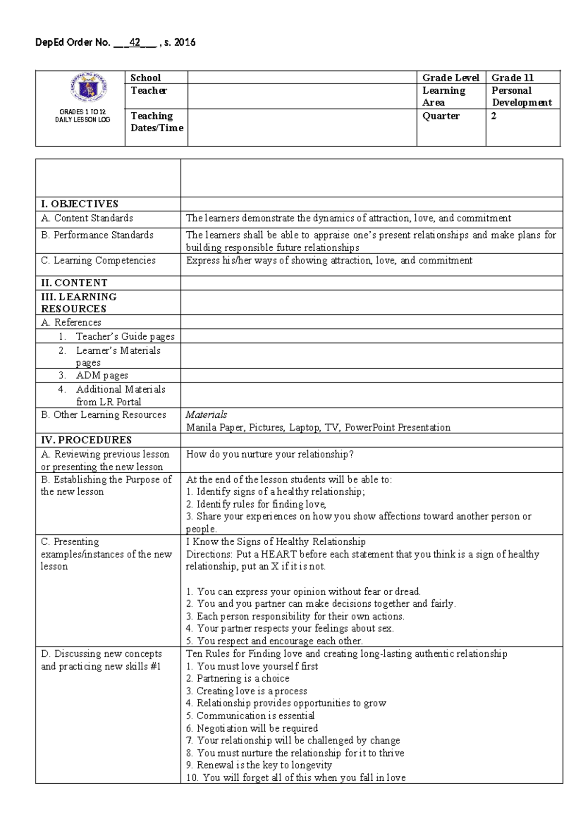 Grade 11 Personal Development Daily Lesson Log (DLL) - Studocu
