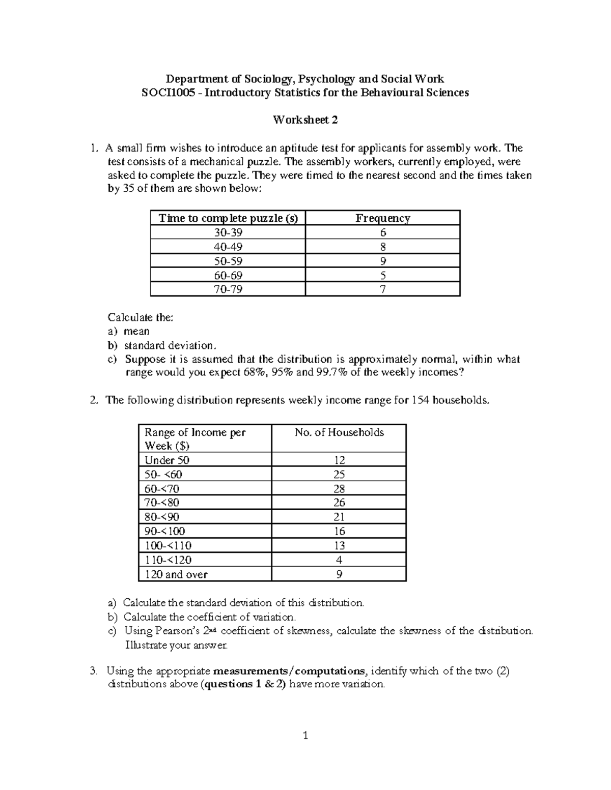 SOCI1005 Worksheet 2: Introductory Statistics for Behavioral Sciences ...