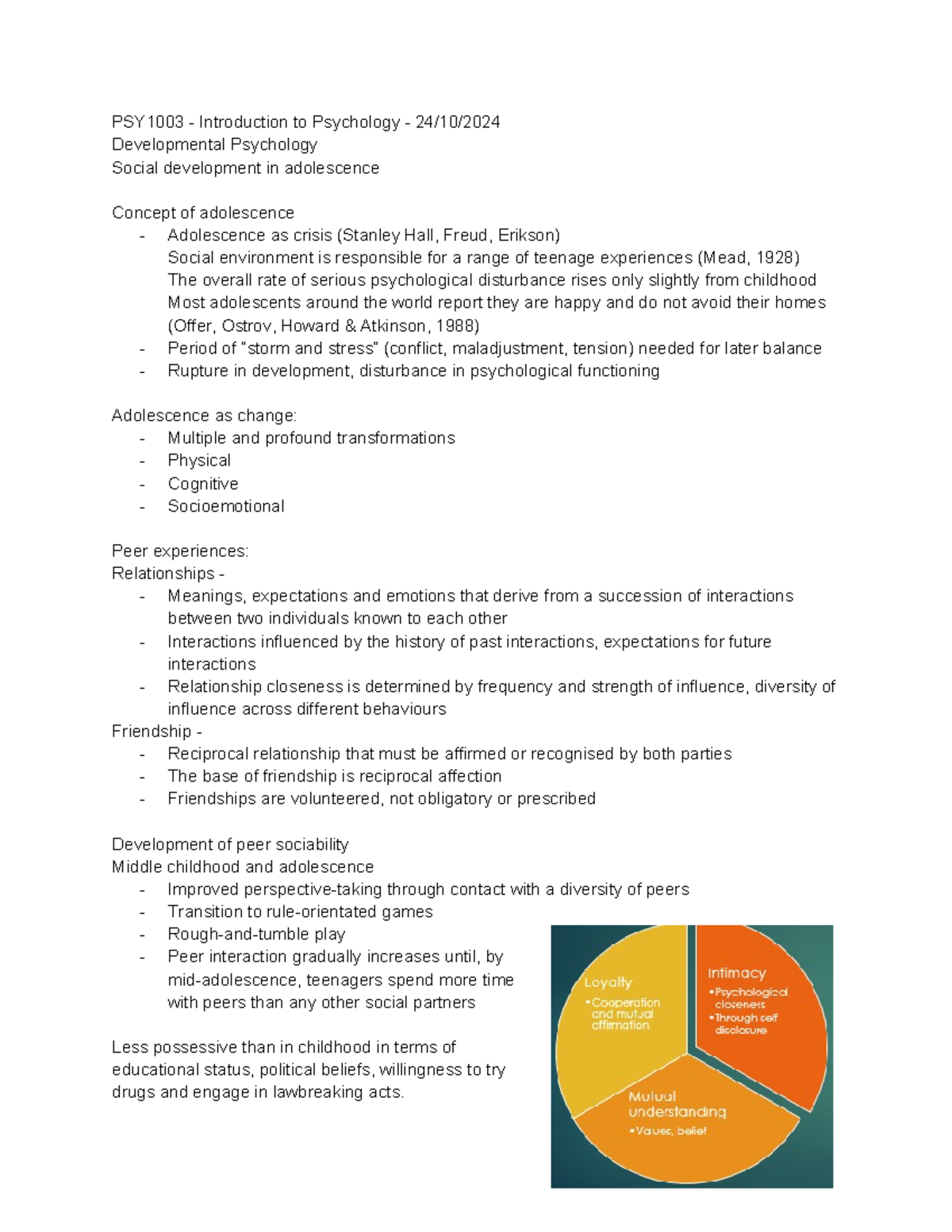 PSY1003 - Final Exam Notes on Developmental Psychology & Adolescence ...