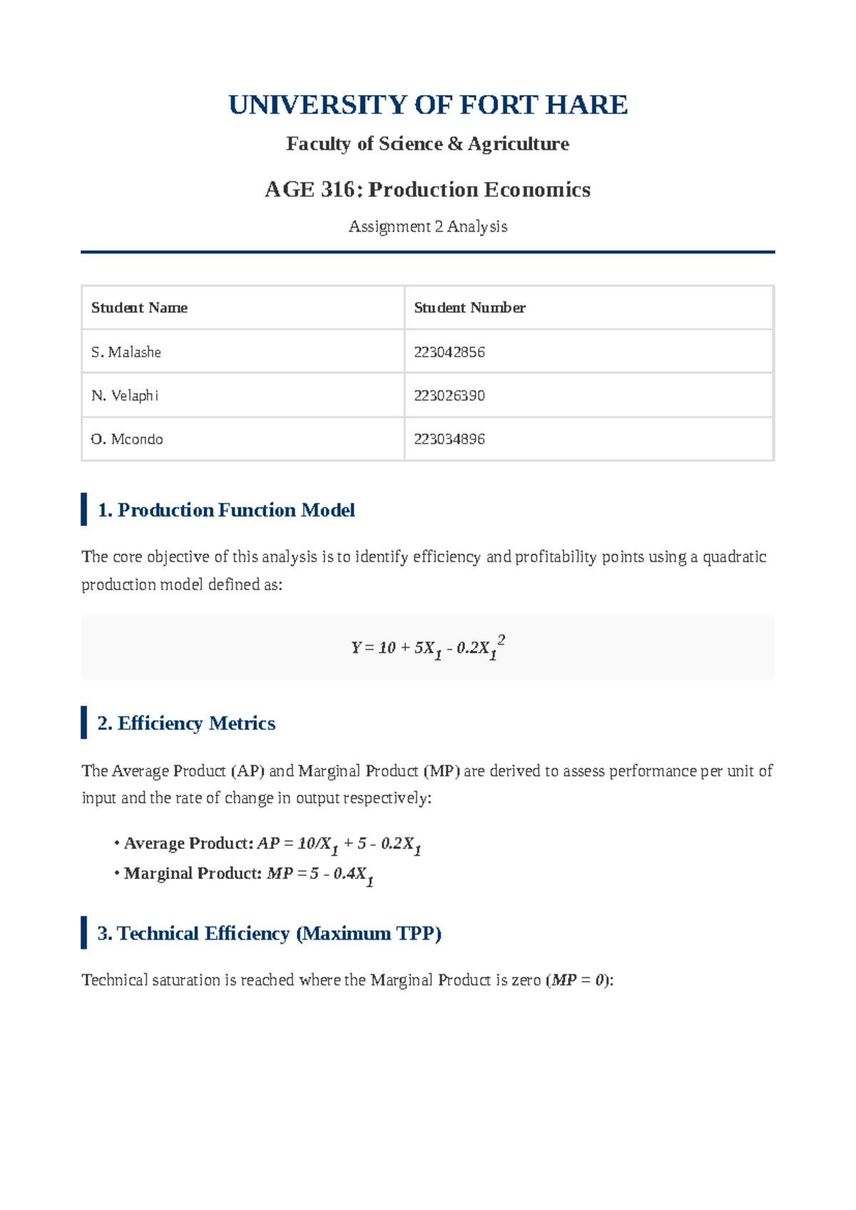 AGE 316: Production Economics Assignment 2 Analysis - Studocu