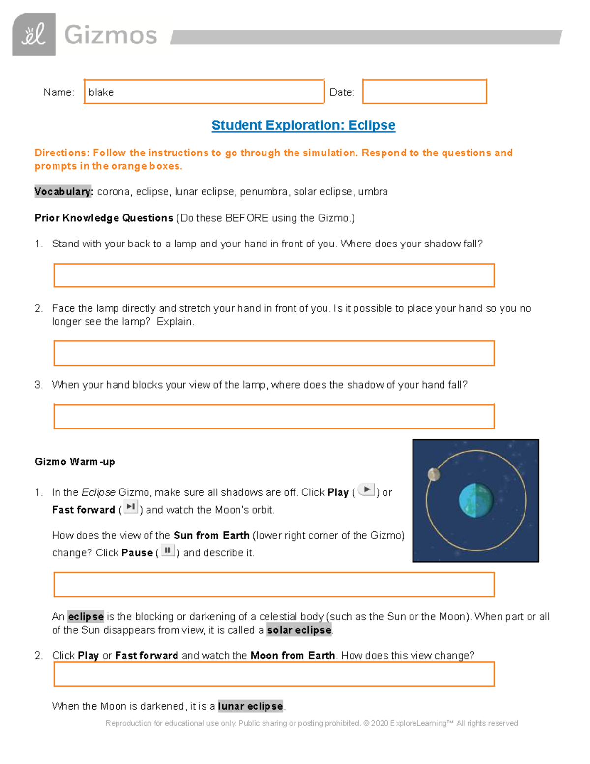 Eclipse Simulation Exploration - Gizmo 11435103 Student Notes - Studocu