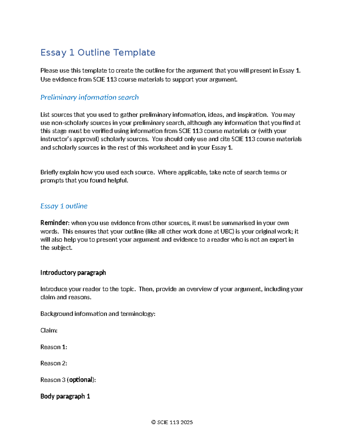 SCIE 113 Essay 1 Outline Template and Guidelines - Studocu