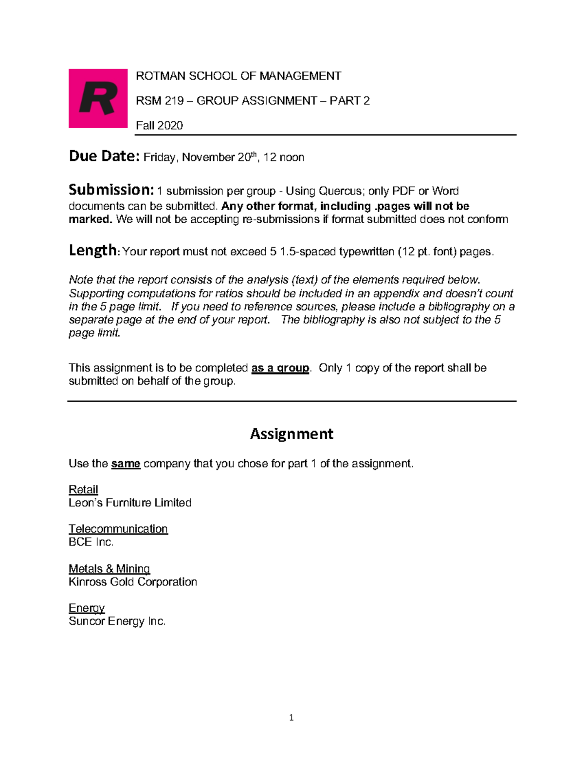 RSM 219 FALL 2020 - Group Assignment Part 2 - 1 ROTMAN SCHOOL OF ...
