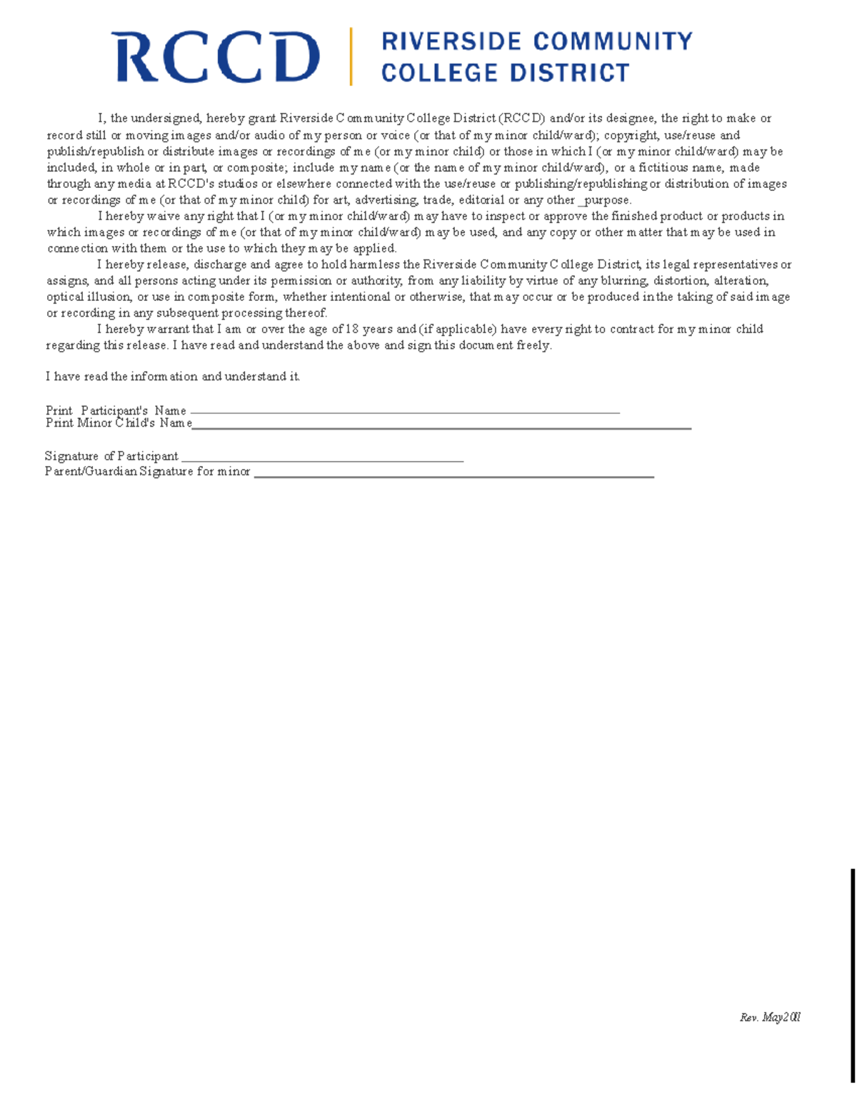 RCCD Photo-Video Release Consent Form for Participants and Minors - Studocu