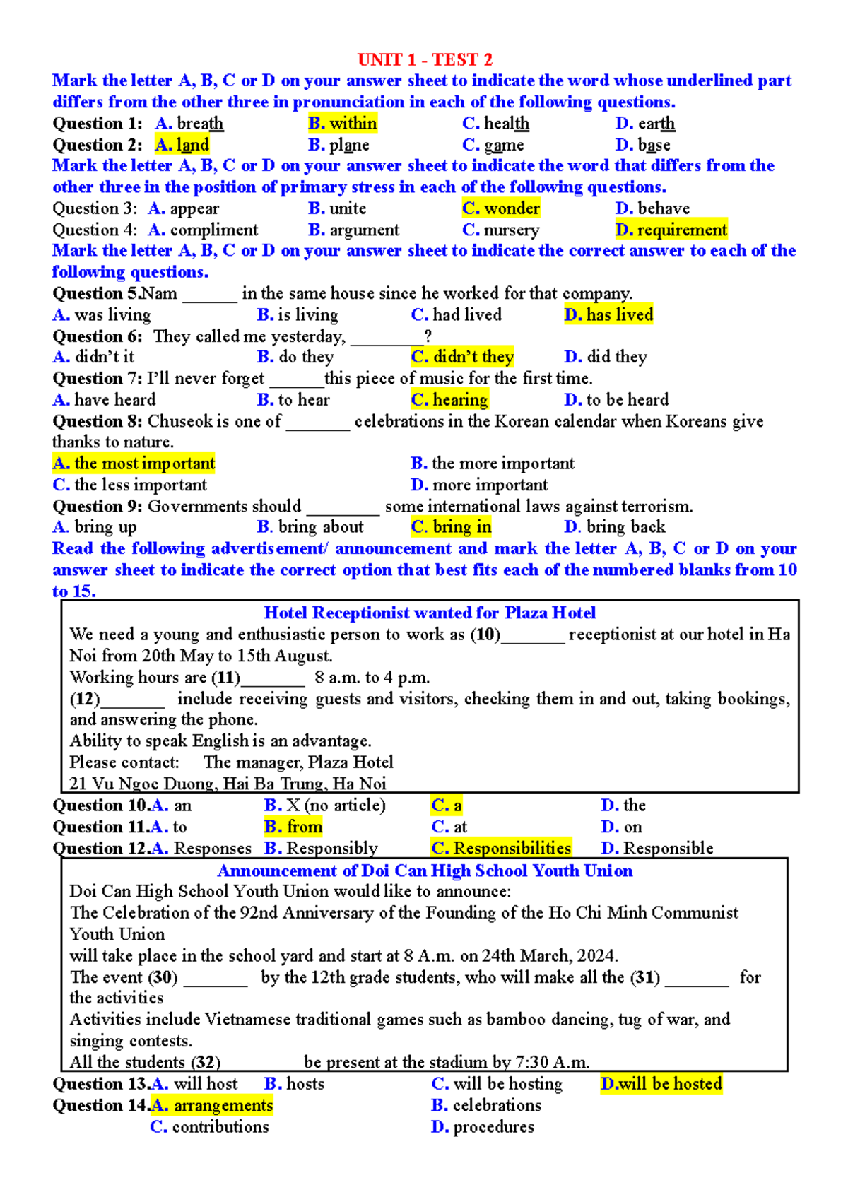 GV UNIT 1 TEST 2 - Listening and Reading Comprehension - Studocu