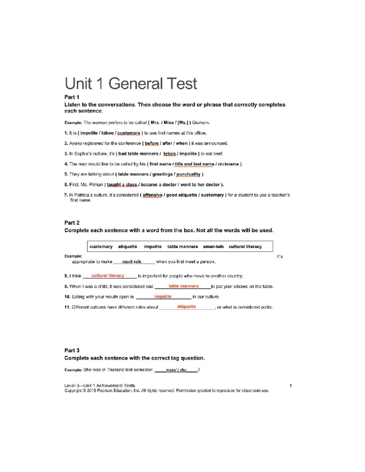 Unit 1 General Test Part 1: Conversations & Sentence Completion - Studocu
