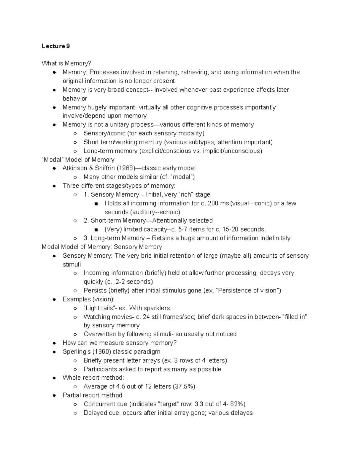 Psych 240 Lecture 9 - Lecture 9 What is Memory? Memory: Processes ...
