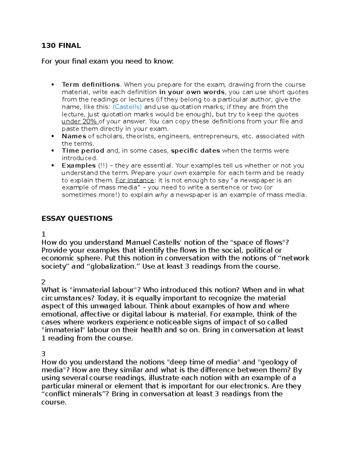 130 Final Exam Study Guide: Key Concepts and Essay Questions - Studocu