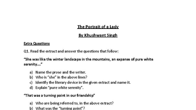 The Portrait of a Lady (Khushwant Singh) Extra Questions & Answers ...