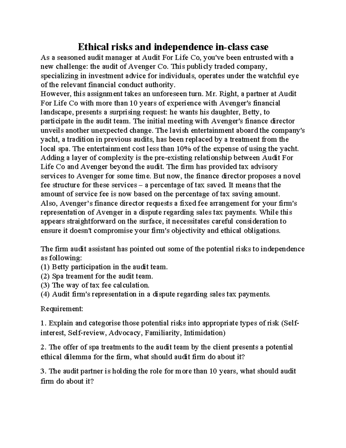 In-Class Practice: Ethical Risks & Independence Case Study (AUD 101 ...