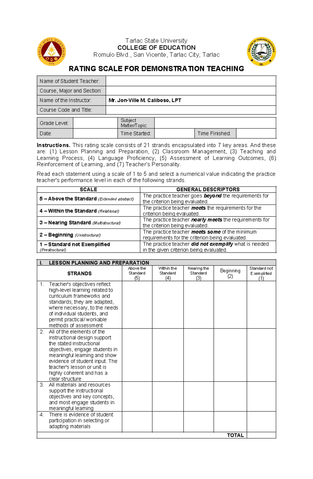 Rating Scale for Demonstration Teaching (EDUC 101) - Studocu