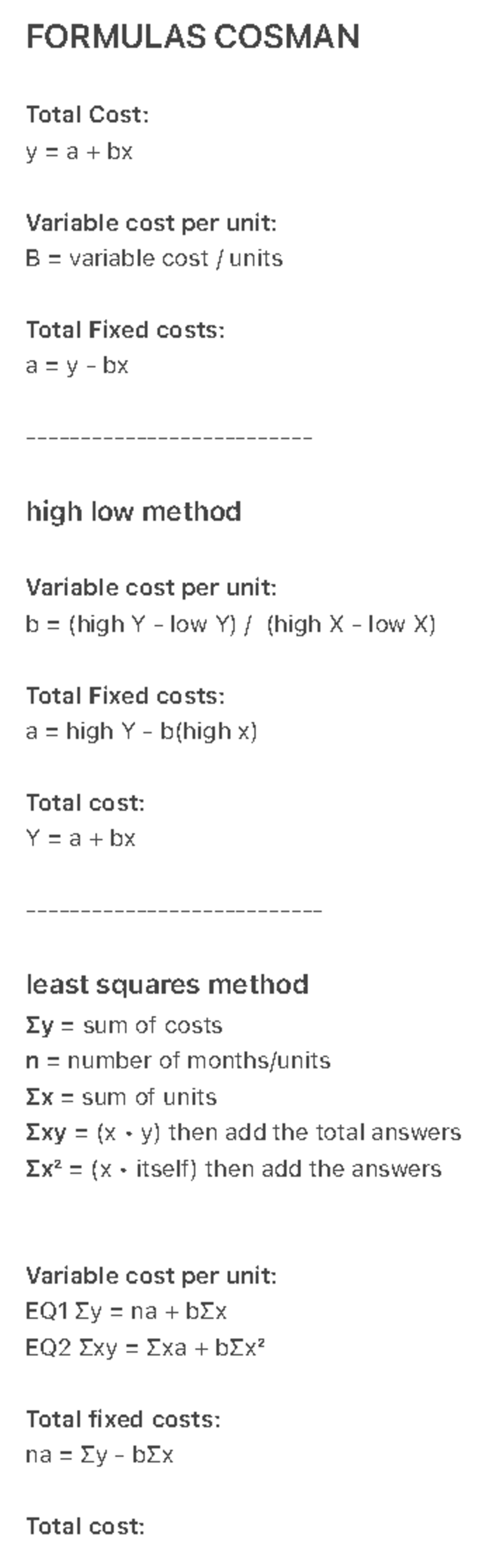 Cost Management Formulas: Total Cost & Variable Cost Analysis - Studocu