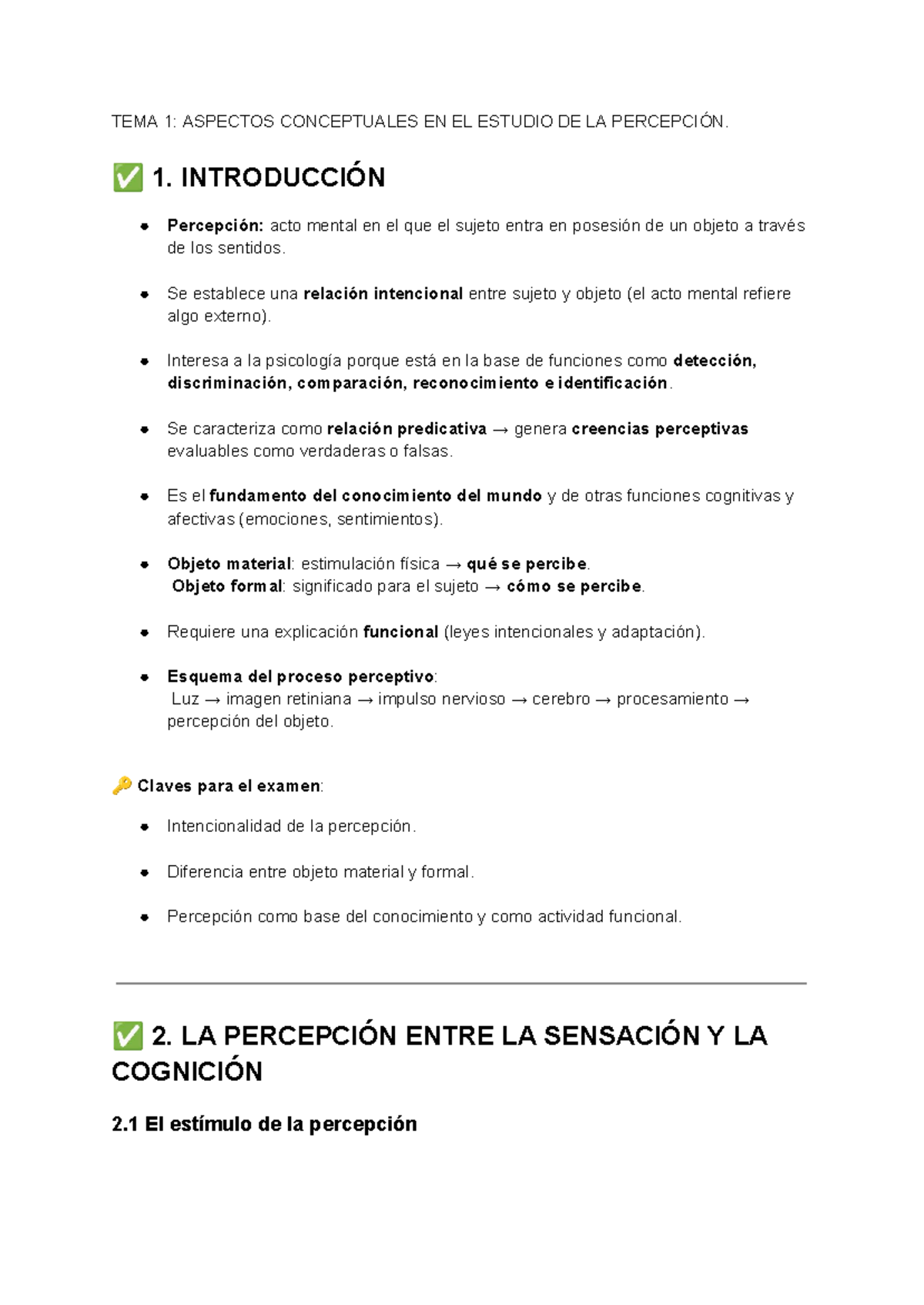 TEMA 1: ASPECTOS CONCEPTUALES DE LA PERCEPCIÓN - RESUMEN - Studocu