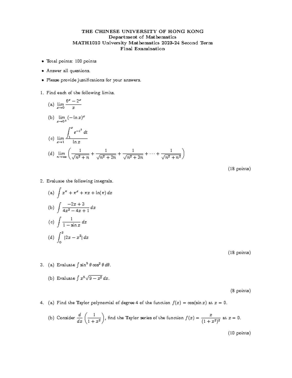 MATH1010 University Mathematics 2nd Term Final Exam Review - Studocu