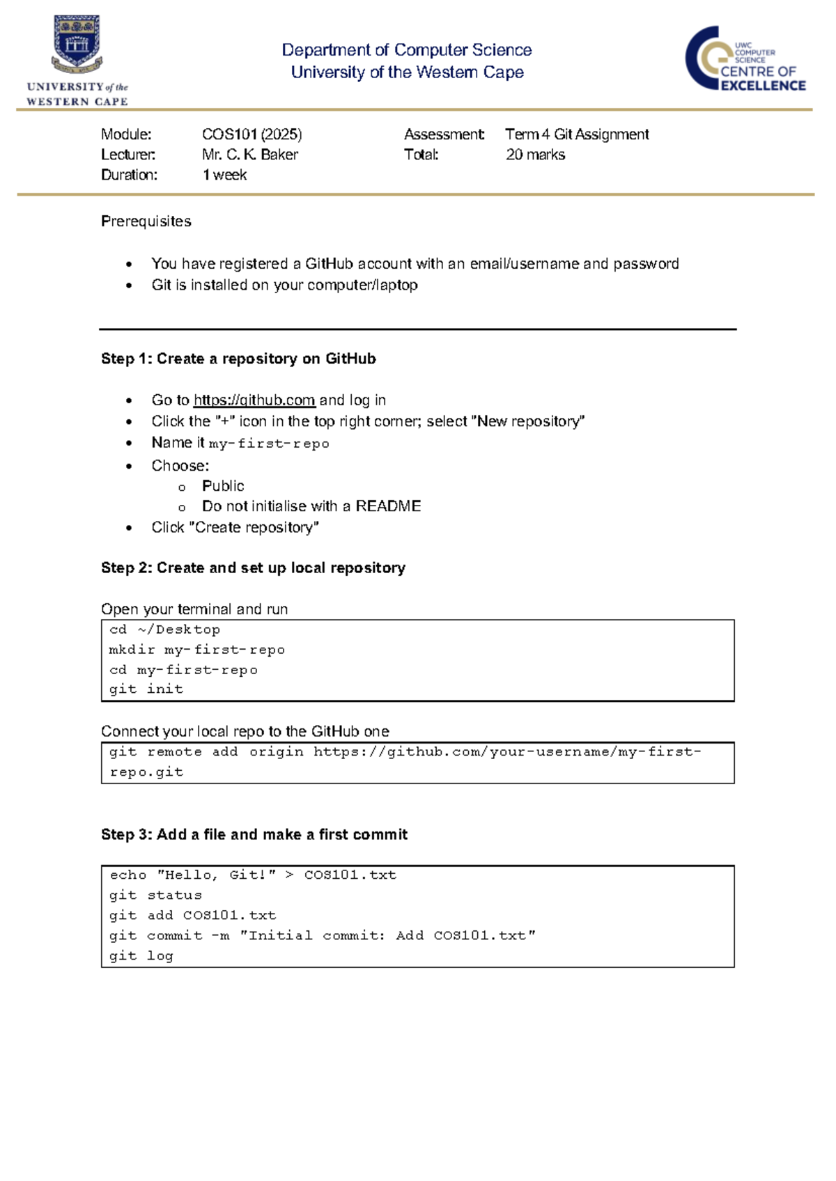 COS101 (2025) Git Assignment Instructions and Setup Guide - Studocu