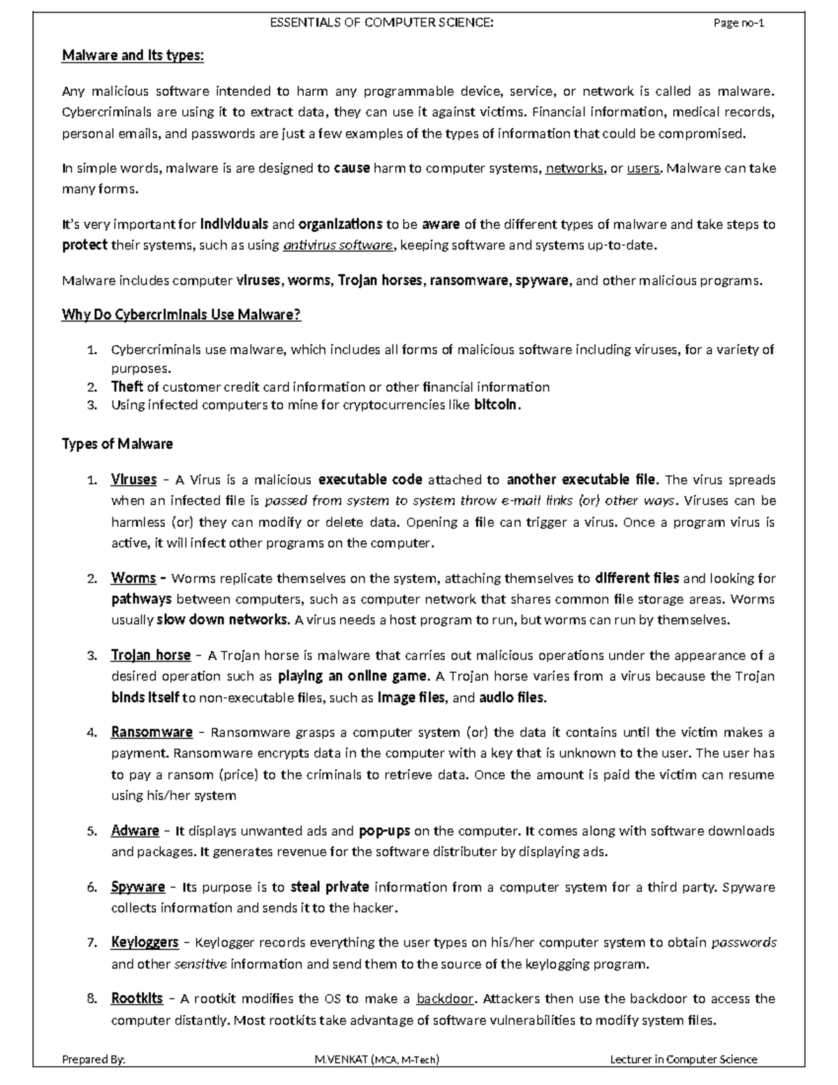 Malware - ESSENTIALS OF COMPUTER SCIENCE: Page no- 1 Malware and its ...