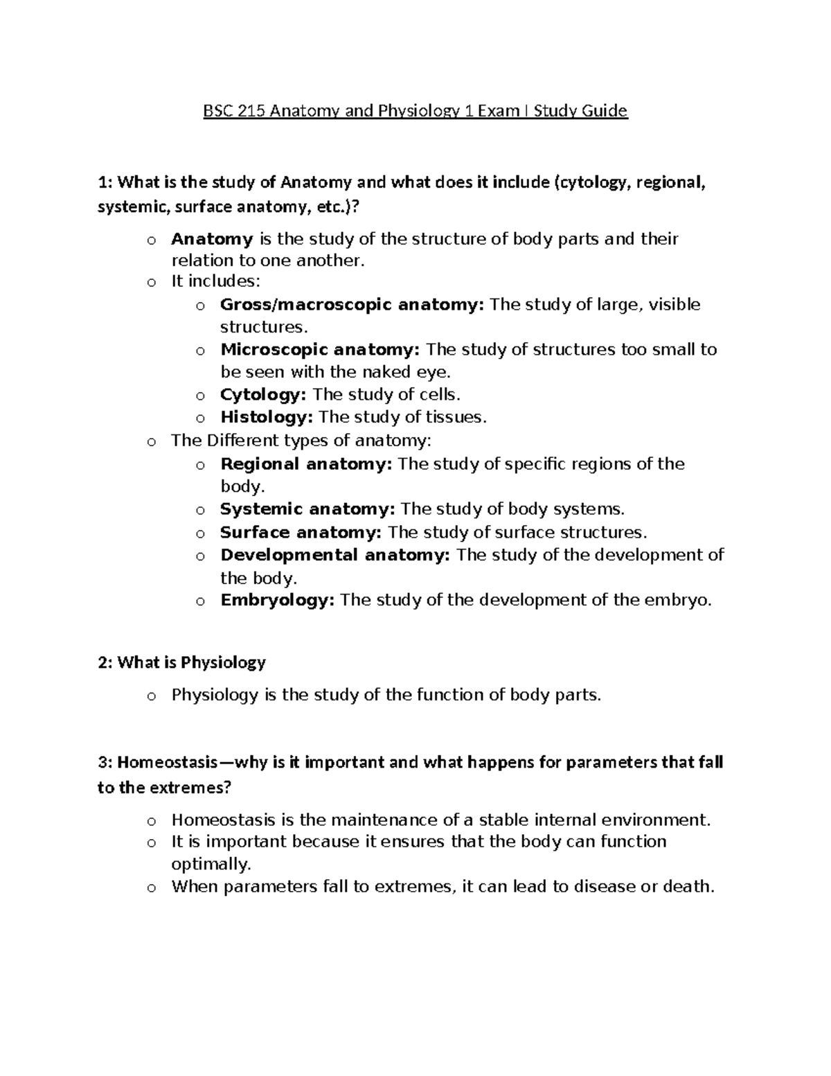 Study Guide for BSC 215 Anatomy & Physiology 1 - Exam I - Studocu