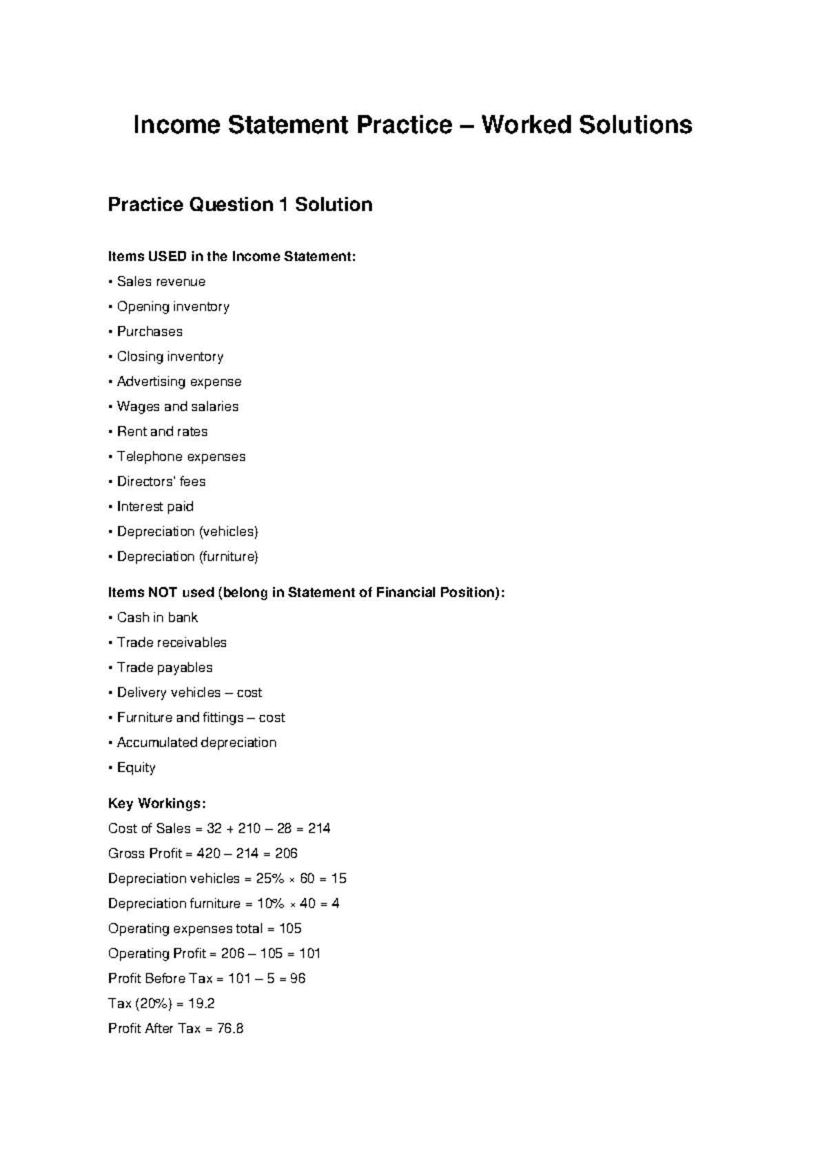 Income Statement Practice Solutions for ACC101 - Studocu