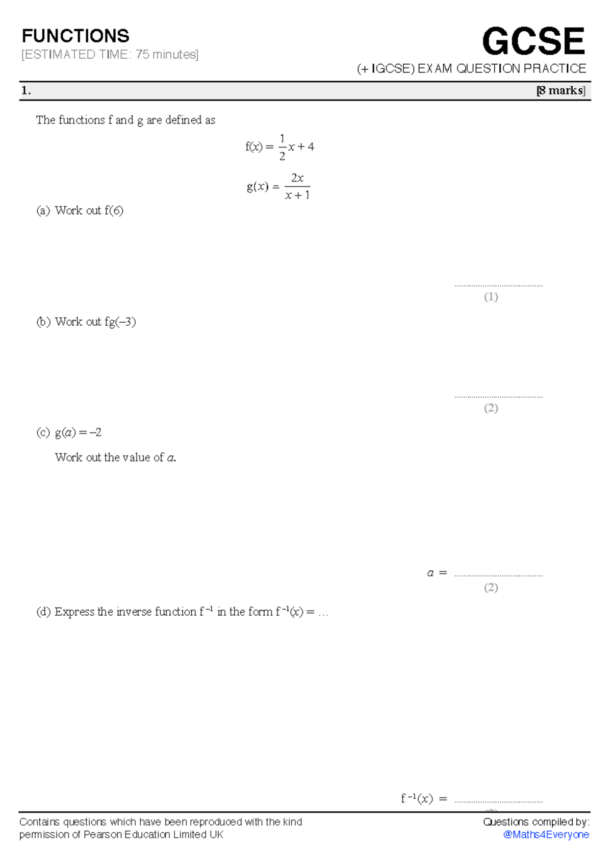 GCSE Functions Practice Questions for Exam Preparation (75 min) - Studocu