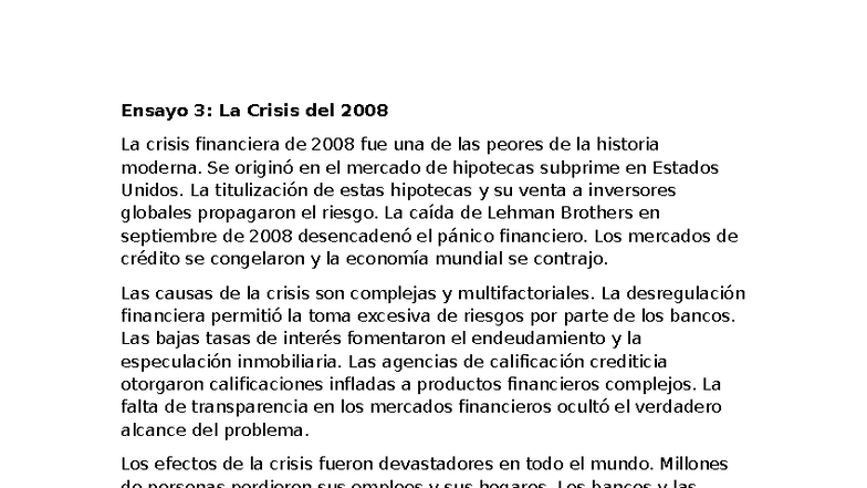 Ensayo 3: Análisis de la Crisis Financiera de 2008 - Studocu