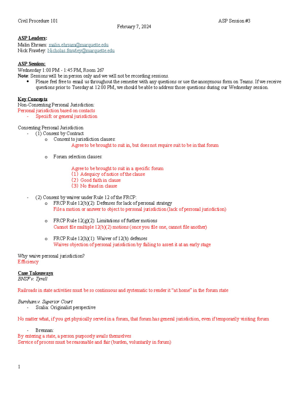 Civil Procedure 101 ASP Week Session Overview - Feb 7, 2024 - Studocu
