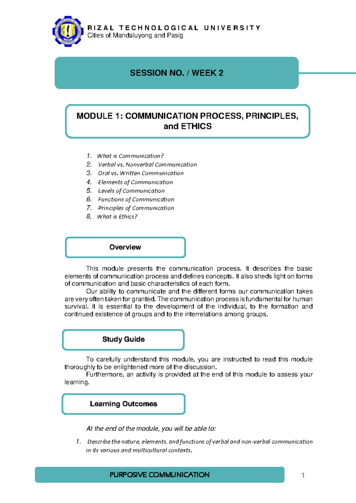 Module 1 - Communication Process, Principles & Ethics (Comm 101) - Studocu
