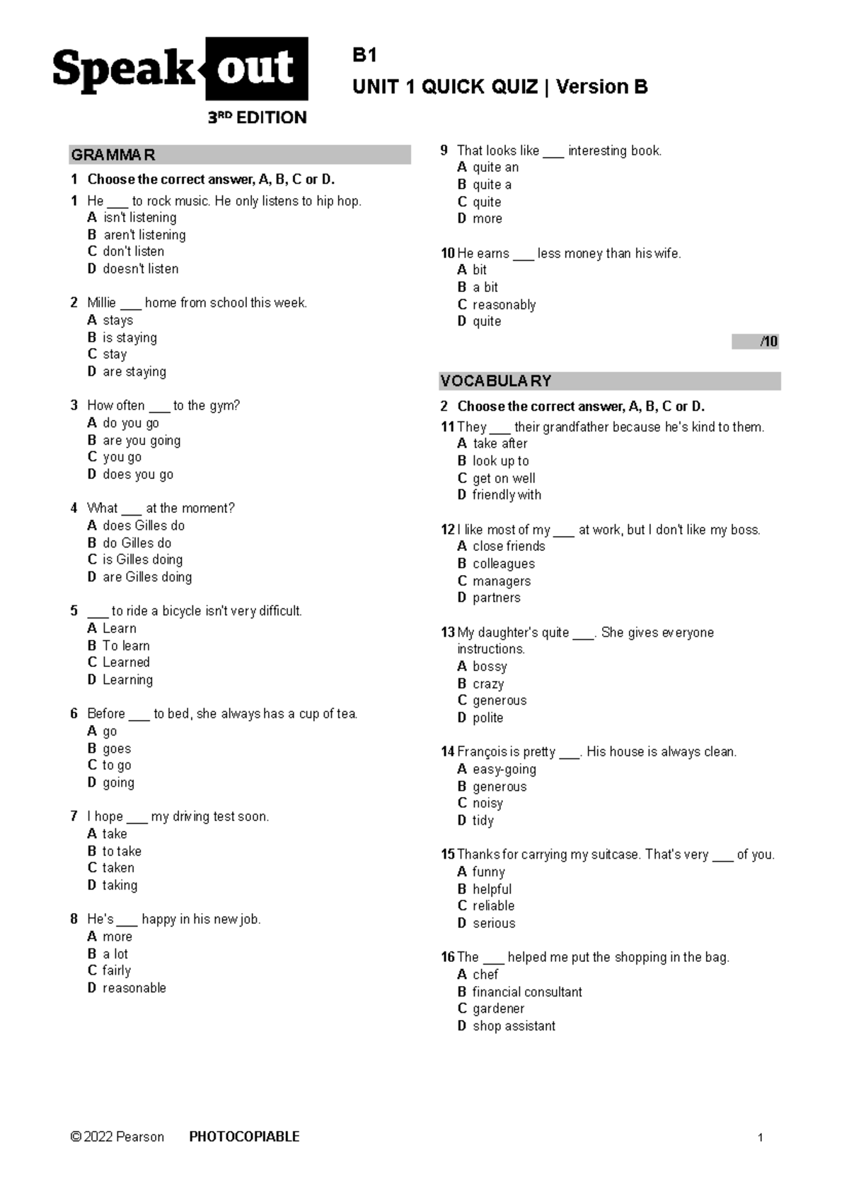 Speakout 3rd Edition Unit 1B Quick Quiz on Grammar & Vocabulary - Studocu
