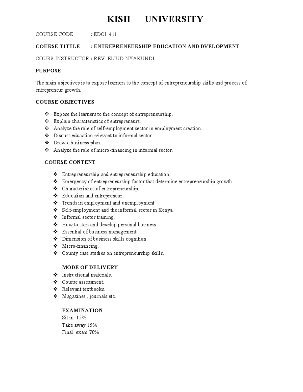 EDCI 411: Entrepreneurship Education & Development Course Overview ...