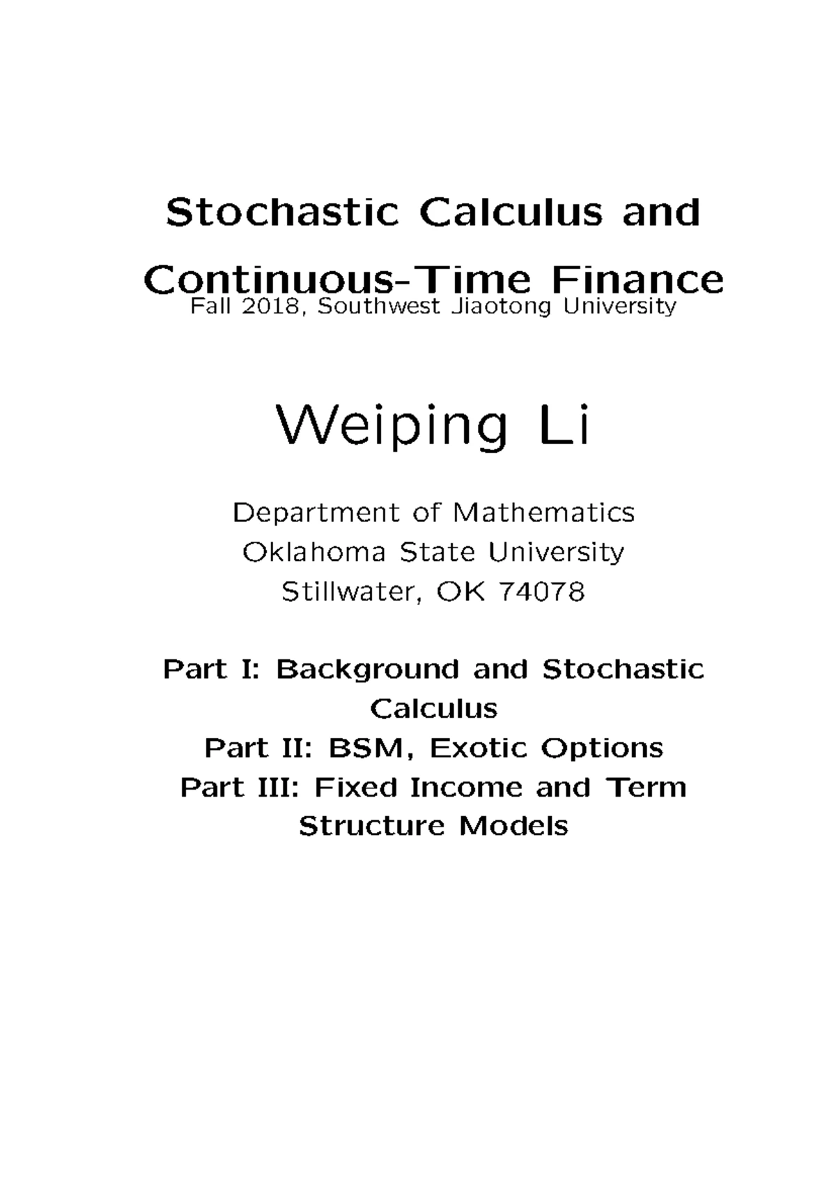 Solution to Financial Calculus Chapter 1 - MATH 5473 FINANCIAL CALCULUS ...