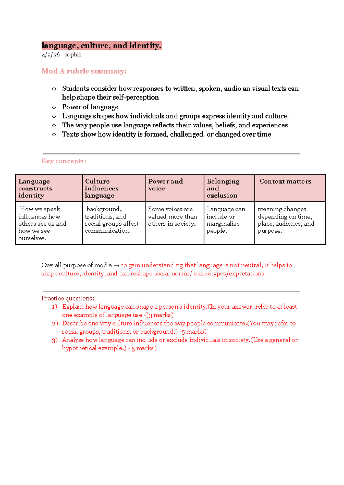 English Year 12 - Language, Culture, and Identity Mod A Summary - Studocu