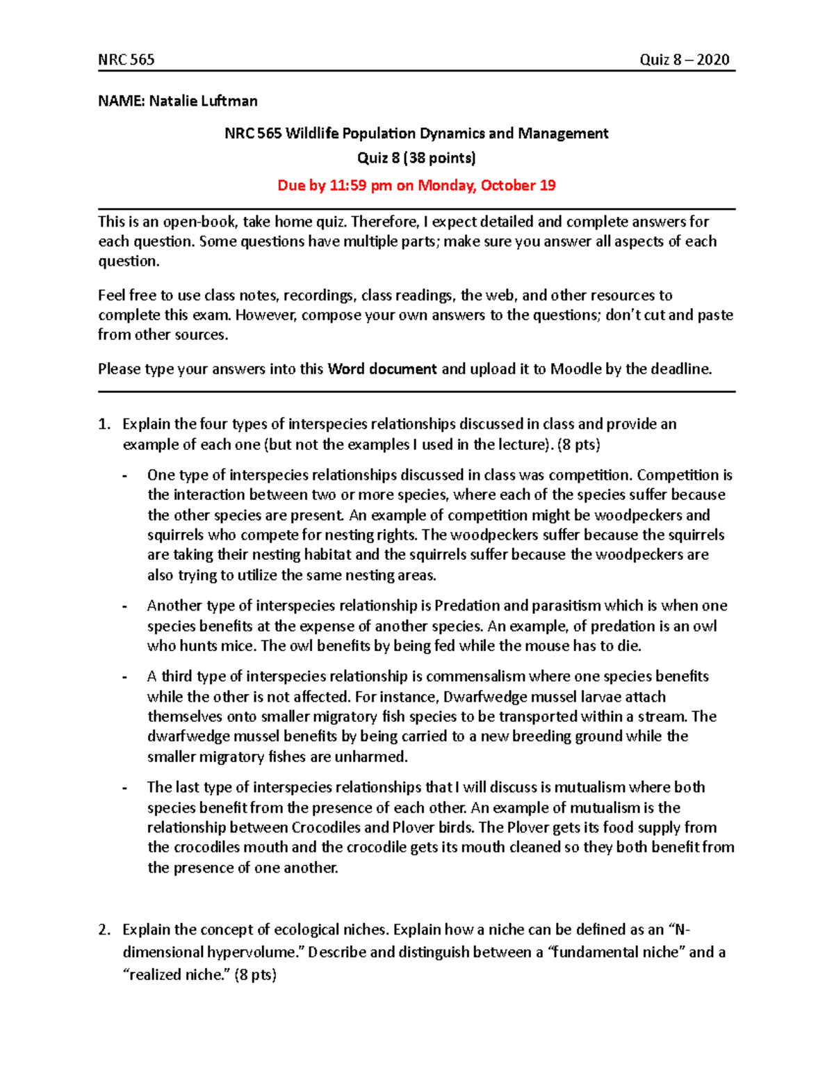 NRC565 Wildlife Population Dynamics Quiz 8 - Open Book Guidelines 2020 ...