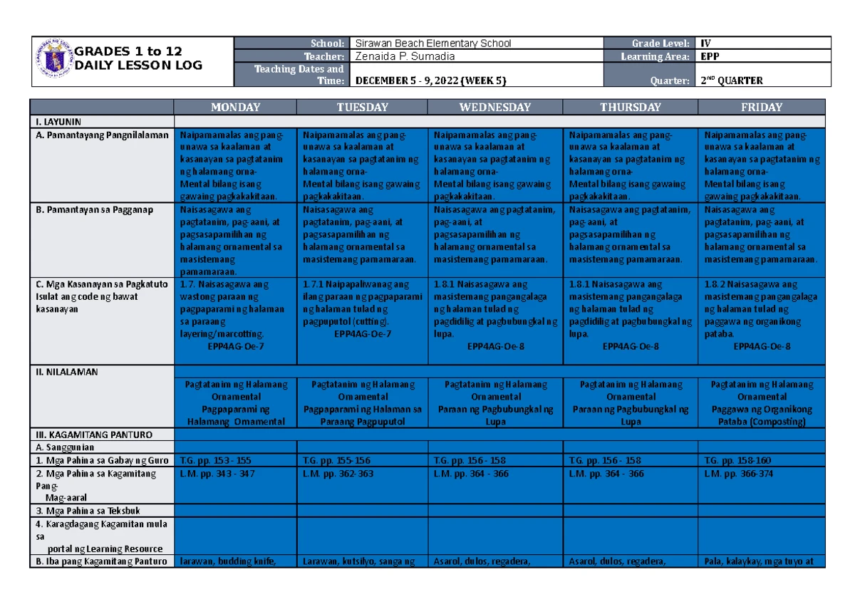 DLL ESP 4 Q2 W5 - DAILY LESSON PLAN - GRADES 1 to 12 DAILY LESSON LOG ...