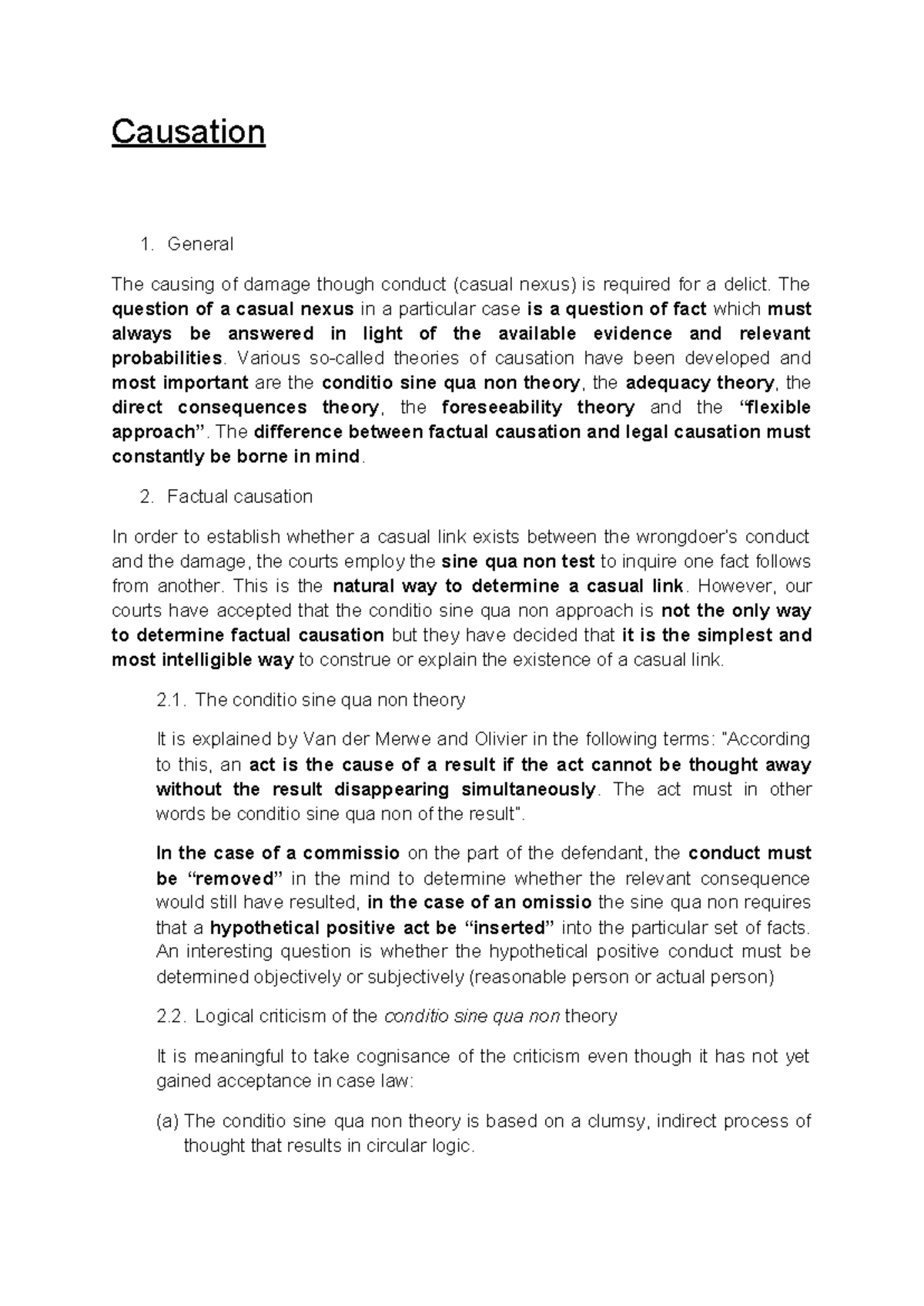 Causation in Delict: Key Theories and Concepts - Law Overview - Studocu