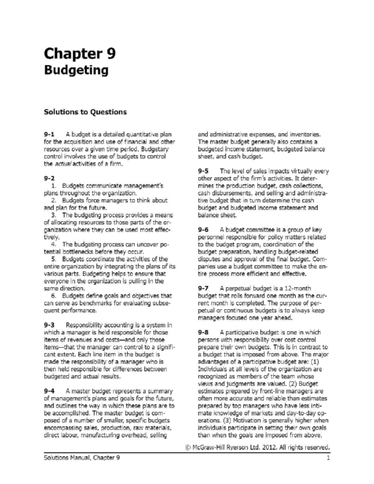 Chapter 9 Budgeting Solutions for Managerial Accounting Exercises - Studocu