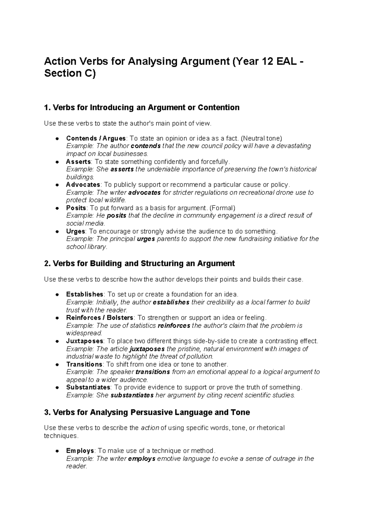 Action Verbs for Analyzing Argument (Year 10 EAL - Section C) - Studocu